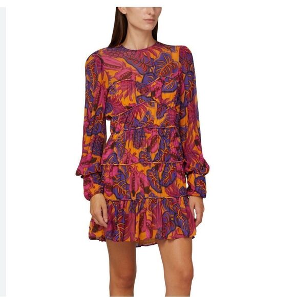 FARM RIO Pink Yellow Fruit Dream Long Sleeve Ruffle Pleated Mini Small $265 - Picture 2 of 14